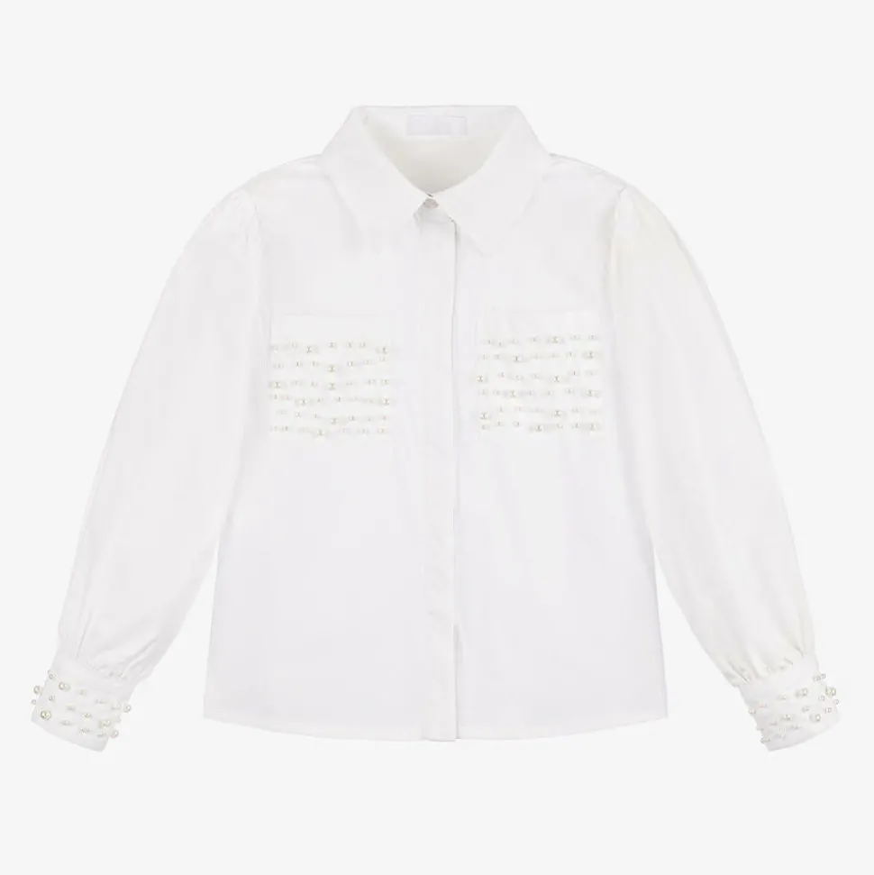 Girls White Embellished Cotton Shirt