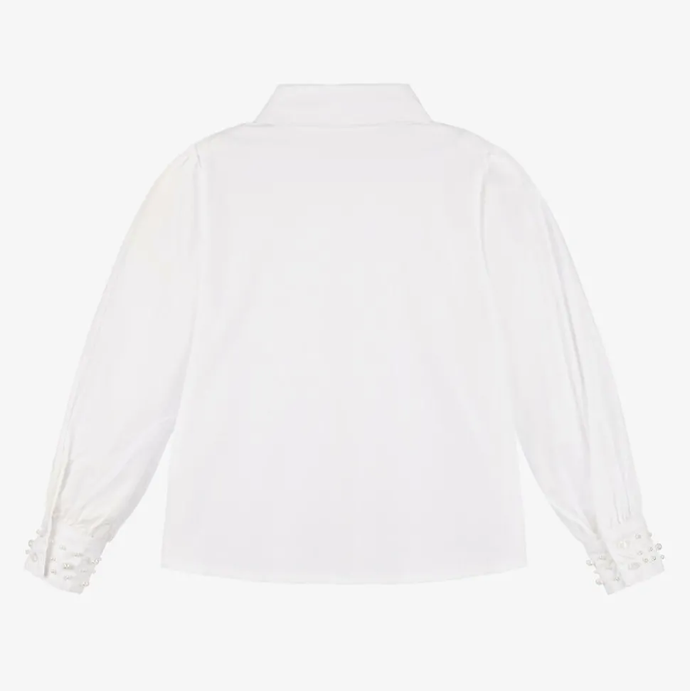 Girls White Embellished Cotton Shirt