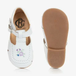 Girls White Embroidered Floral Leather Shoes