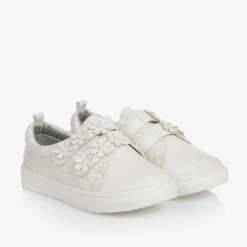Girls White Faux Leather & Lace Trainers