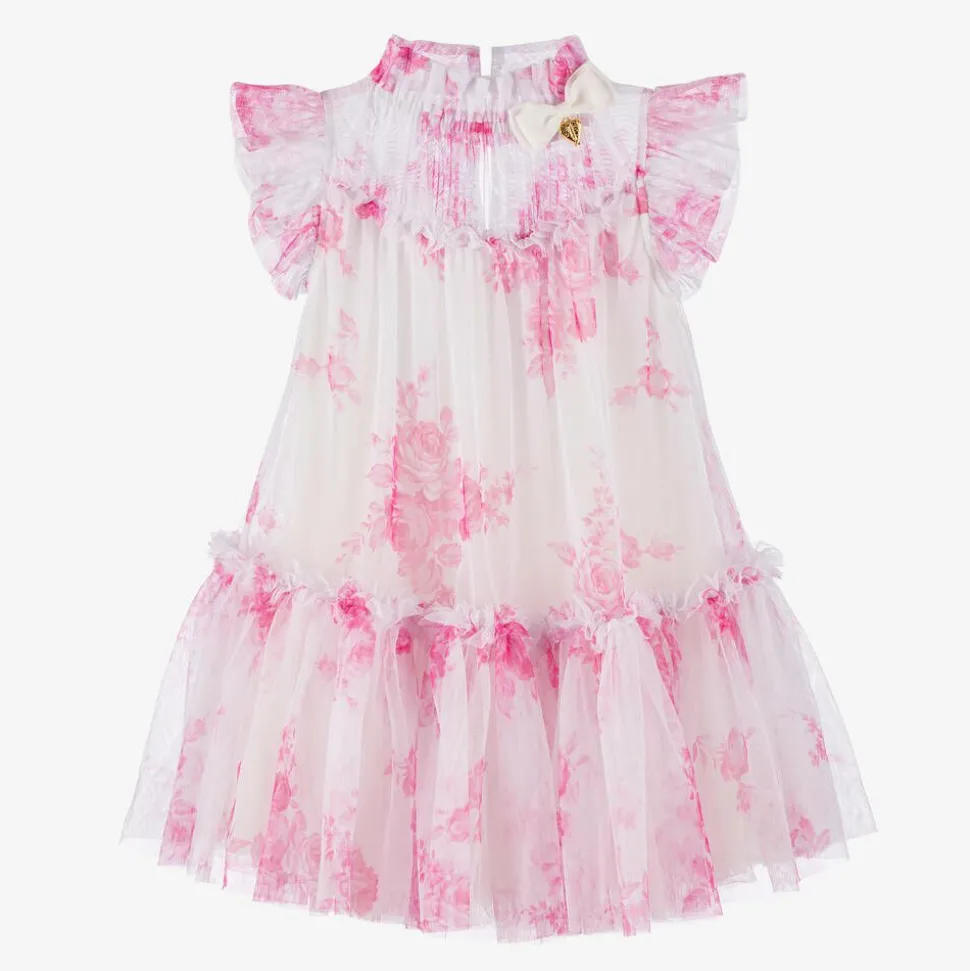 Girls White Floral Tulle Dress