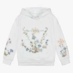 Girls White Flower Print Cotton Hoodie