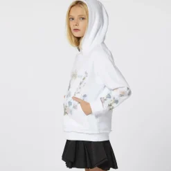 Girls White Flower Print Cotton Hoodie