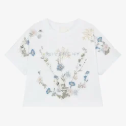 Girls White Flower Print Cotton T-Shirt
