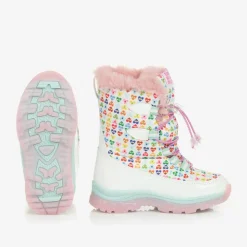 Girls White Heart Print Snow Boots
