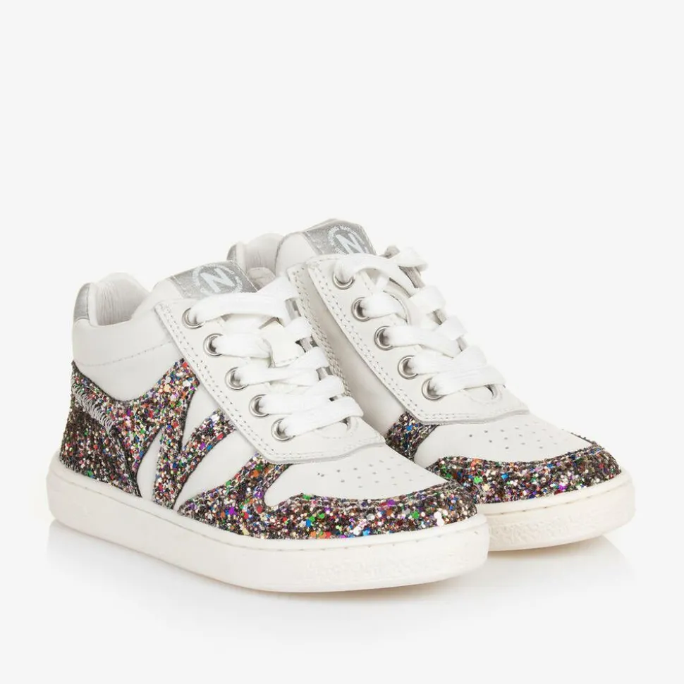 Girls White Leather & Glitter Trainers