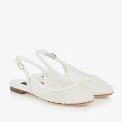 Girls White Leather & Mesh Slingback Pumps