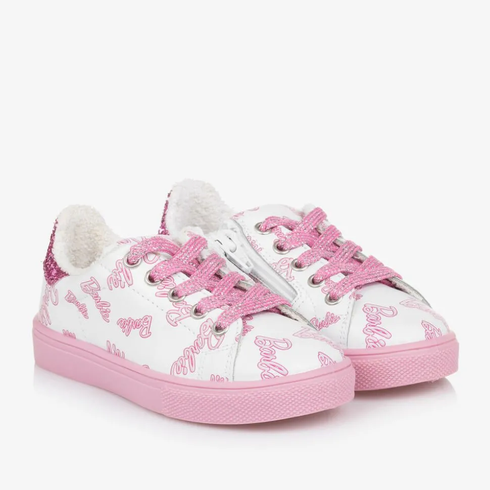 Girls White Leather Barbie Trainers