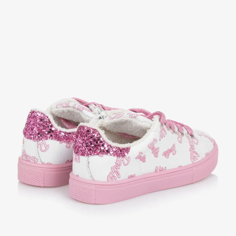 Girls White Leather Barbie Trainers