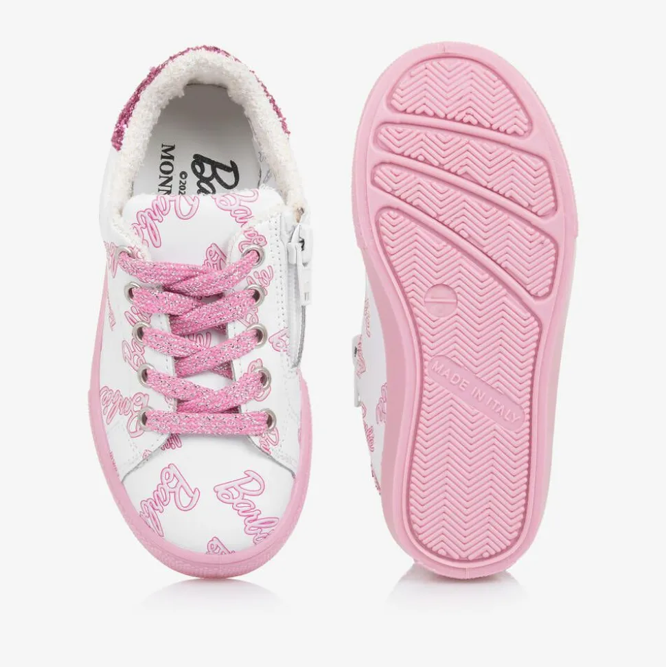 Girls White Leather Barbie Trainers