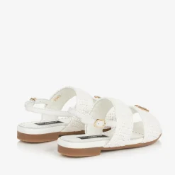Girls White Leather Crochet Sandals