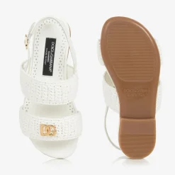 Girls White Leather Crochet Sandals