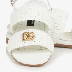 Girls White Leather Crochet Sandals