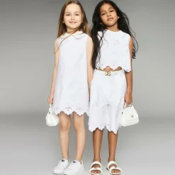 Girls White Leather Crochet Sandals