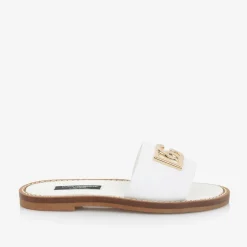 Girls White Leather DG Sliders