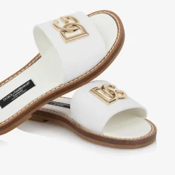 Girls White Leather DG Sliders