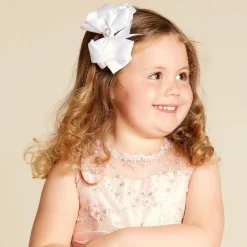 Girls White Satin Bow Hair Clip (10cm)