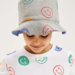 Grey Marl Cotton Happy Faces Bucket Hat