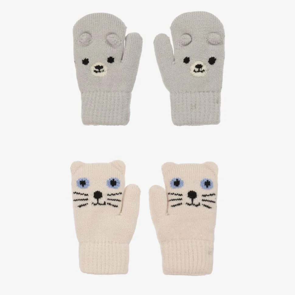 Ivory & Grey Knitted Animal Mittens (2 Pack)