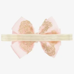 Large Pink Bow with Gold Lace & Pearls Headband