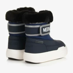 Navy Blue Faux Fur Trim Velcro Boots