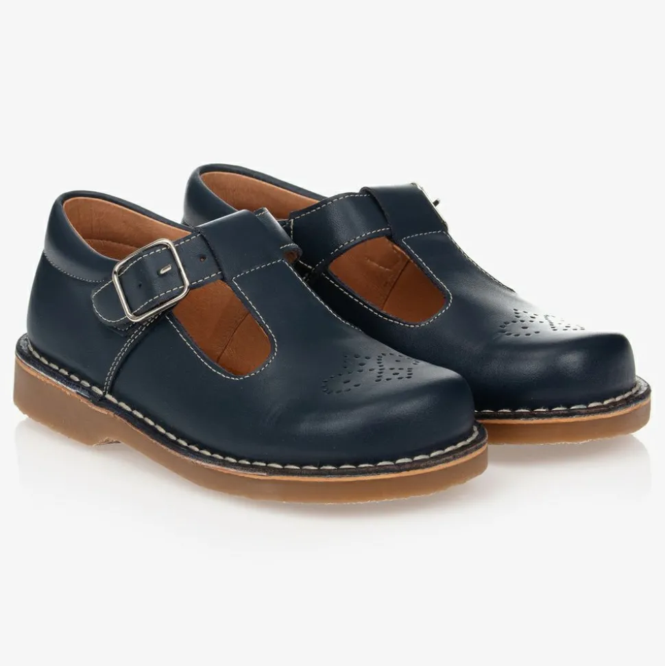 Navy Blue Leather T-Bar Shoes
