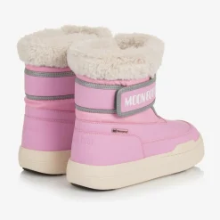 Pink Faux Fur Trim Velcro Boots