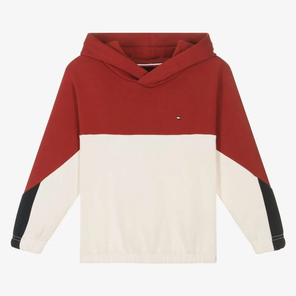 Red & White Cotton Color Block Hoodie