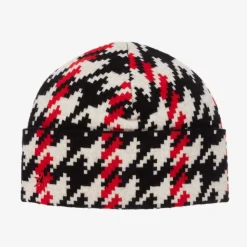 Red & Black Merino Wool Houndstooth Beanie