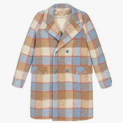Teen Boys Beige & Blue Check Wool Coat