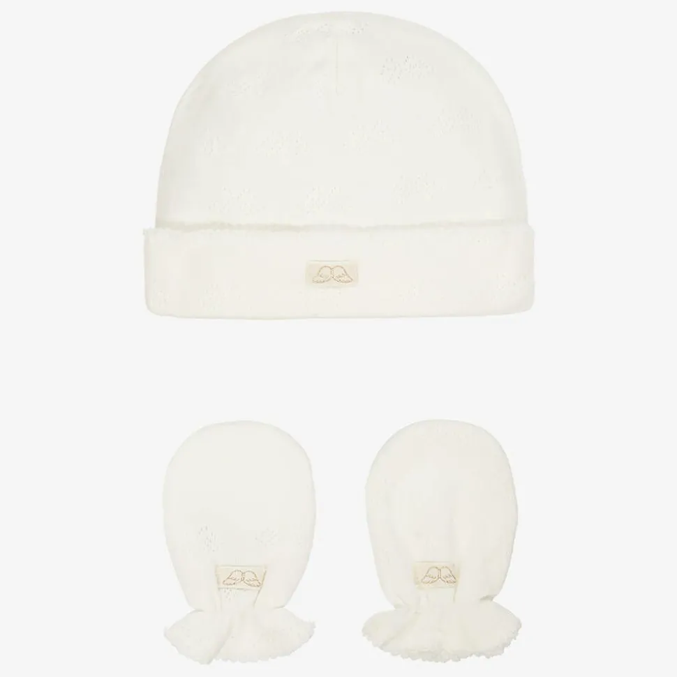 White Cotton Angel Wing Hat & Mittens Set