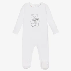 White Embroidered Cotton Bear Babygrow