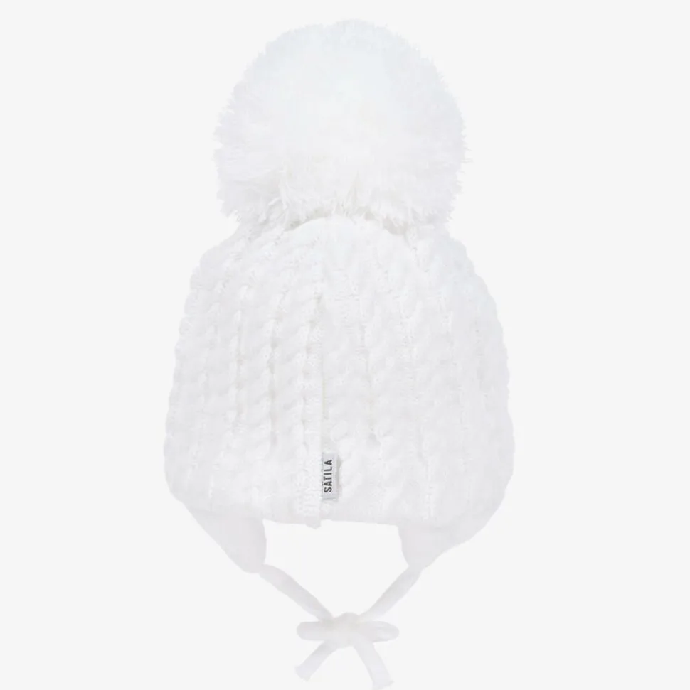 White Laura Knitted Giant Pom-Pom Beanie