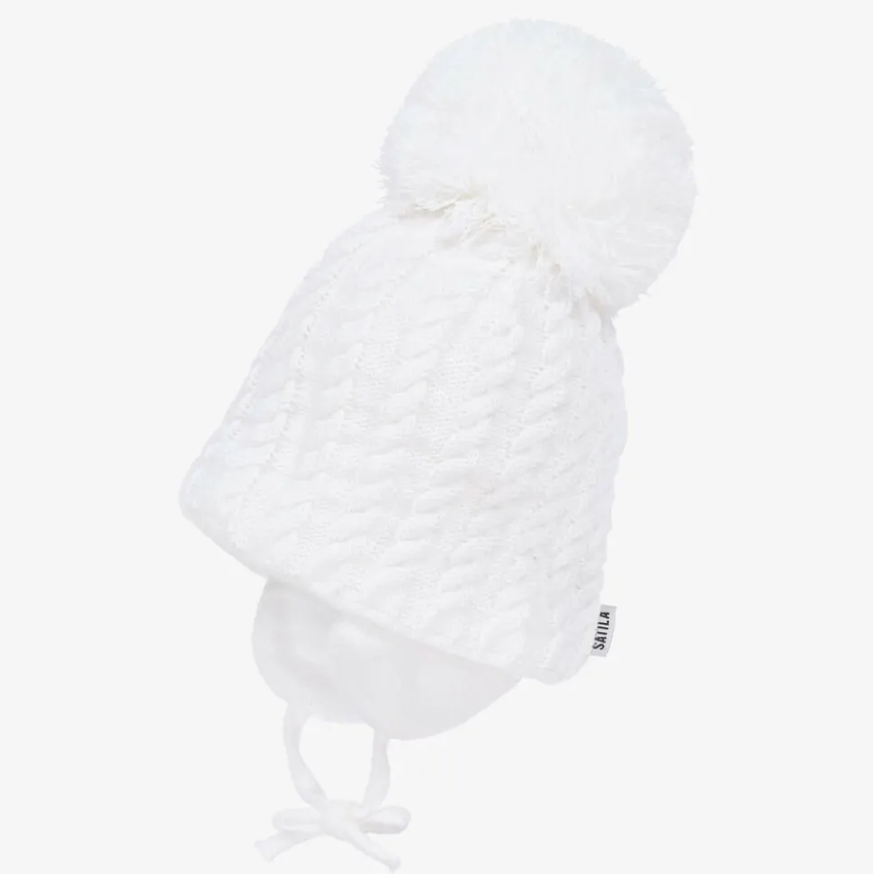White Laura Knitted Giant Pom-Pom Beanie
